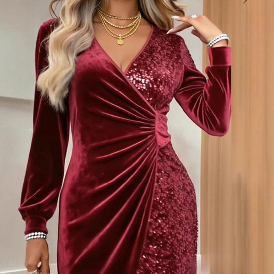 Damen Pailletten Samt Wickel Mini Kleid Langarm V-Ausschnitt Raffiniertes Bodycon Kleid Hochzeitsgast Abendkleid Formales Cocktailparty Kleid
