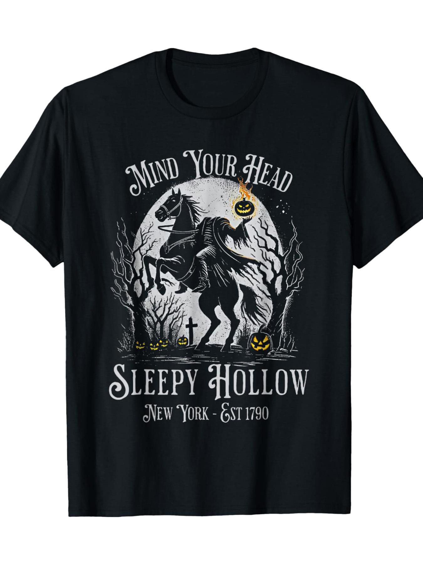 MenS Vintage Halloween TShirt  Sleepy Hollow Horror Movie Graphic Tee with JackOLanterns Horseman  Haunted House S