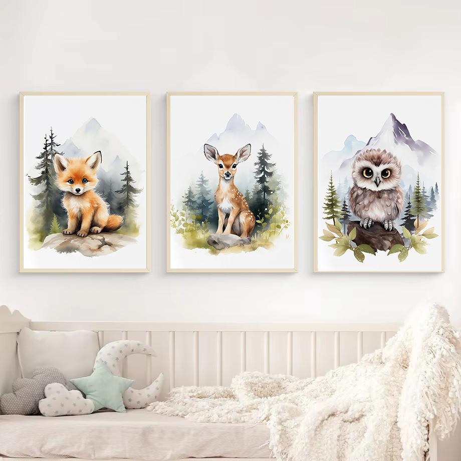Watercolor Woodland Baby Animal Forest Bear Deer Fox Owl Wolf Poster Canvas Painting Nursery Wall Art Home Decoration