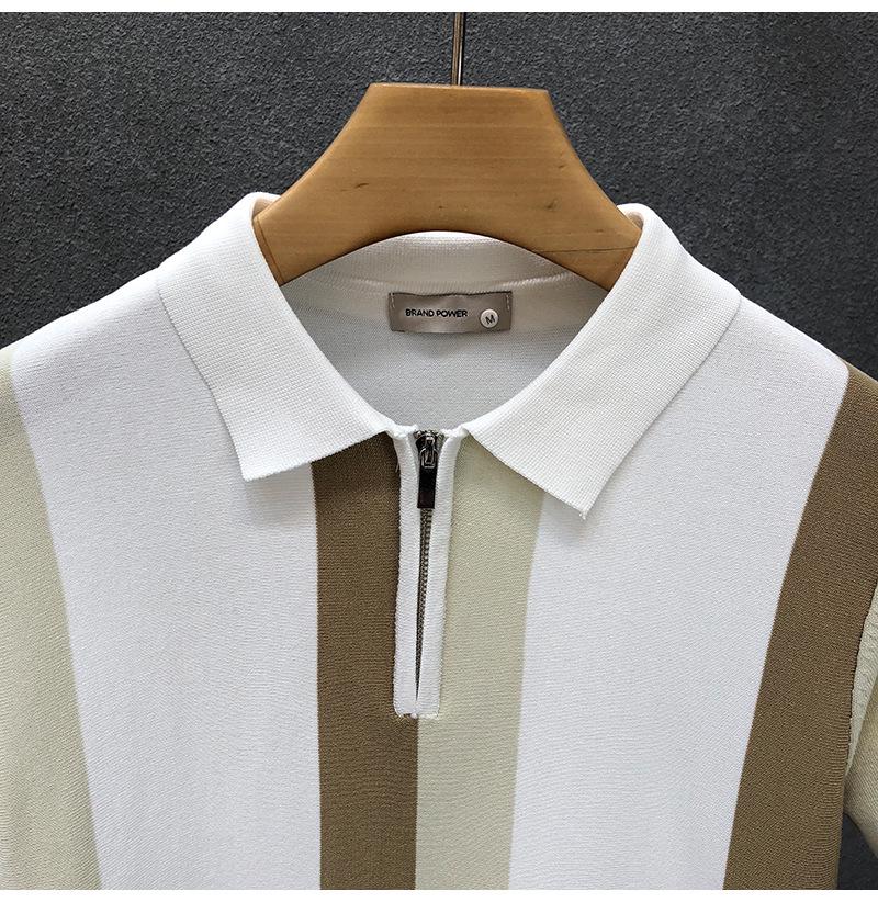 Men's Trendy British Color Block Stripe Ice Silk Polo Shirt