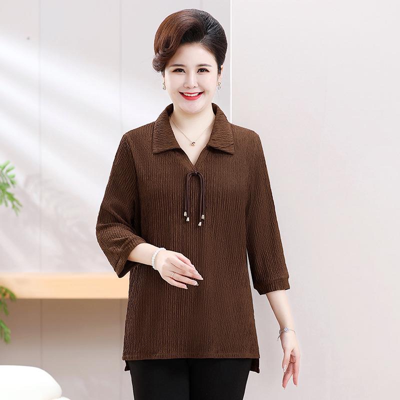 

Весна/Лето 2025 Футболка с рукавом средней длины большого размера для женщин среднего и пожилого возраста - Свободный топ, скрывающий живот, с отложным воротником 3XL (130-145 jin) кофейный