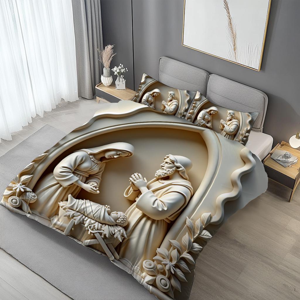 Latacaca 3pcs Nativity Scene Duvet Cover Set, Holy Family Marble Relief Artwork Design, Classic Christian Iconic Style,