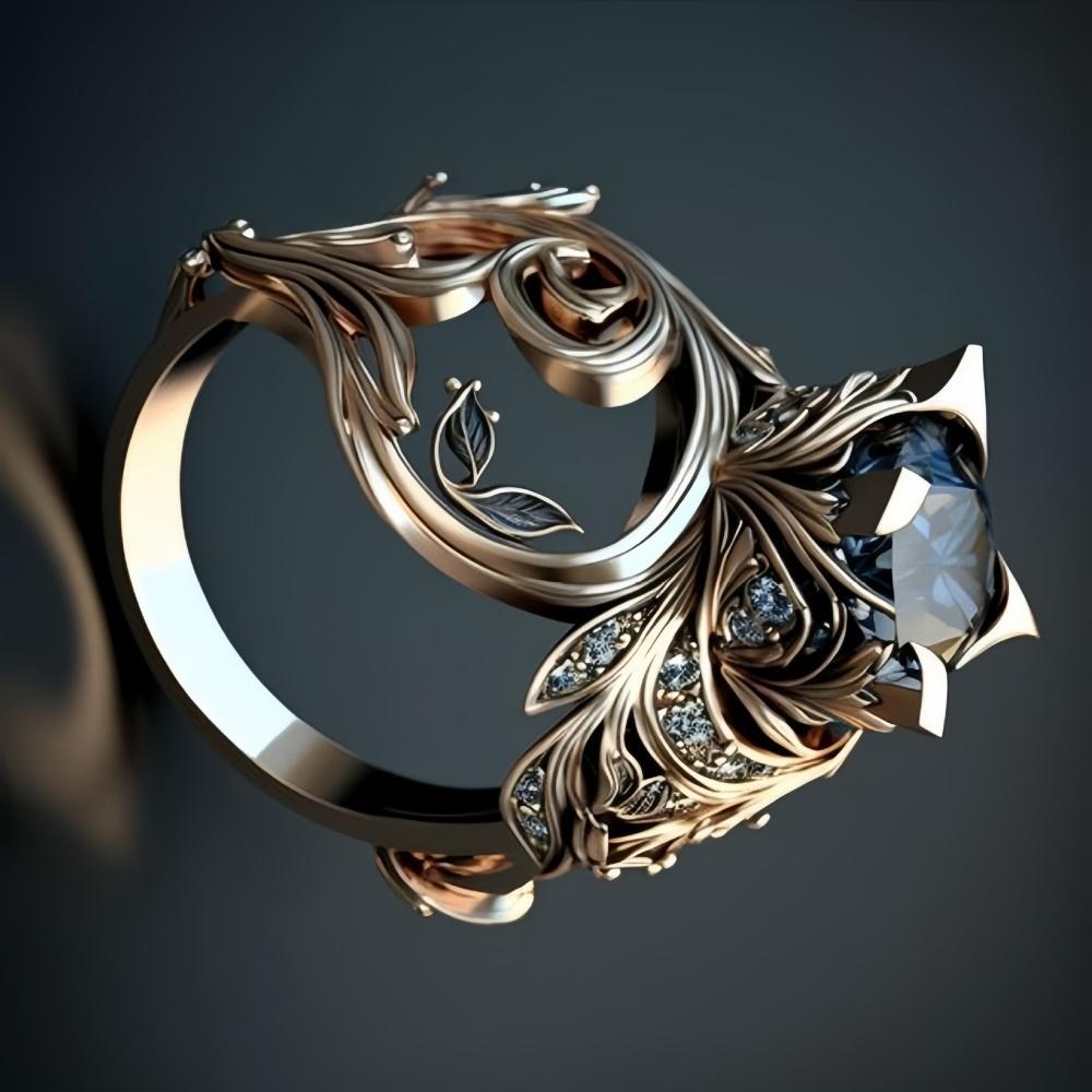Luxury Female Blue Zircon Big Stone Engagement Skeleton Ring Vintage Gold Color Wedding Fashion Jewelry For Women