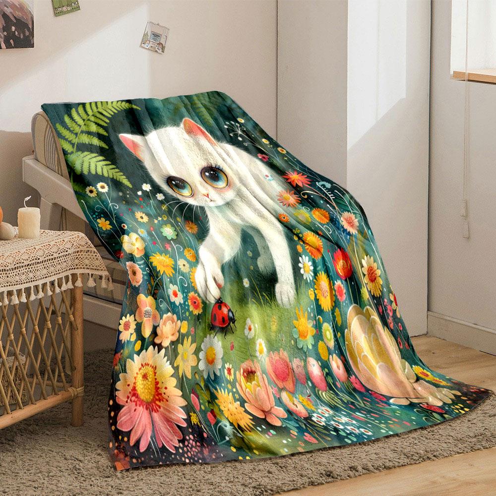 1PC Cartoon Kitten and Flower Illustration Print Warm Comfortable Blanket Home Travel Camping for Adults and Kids Luxury Gifts