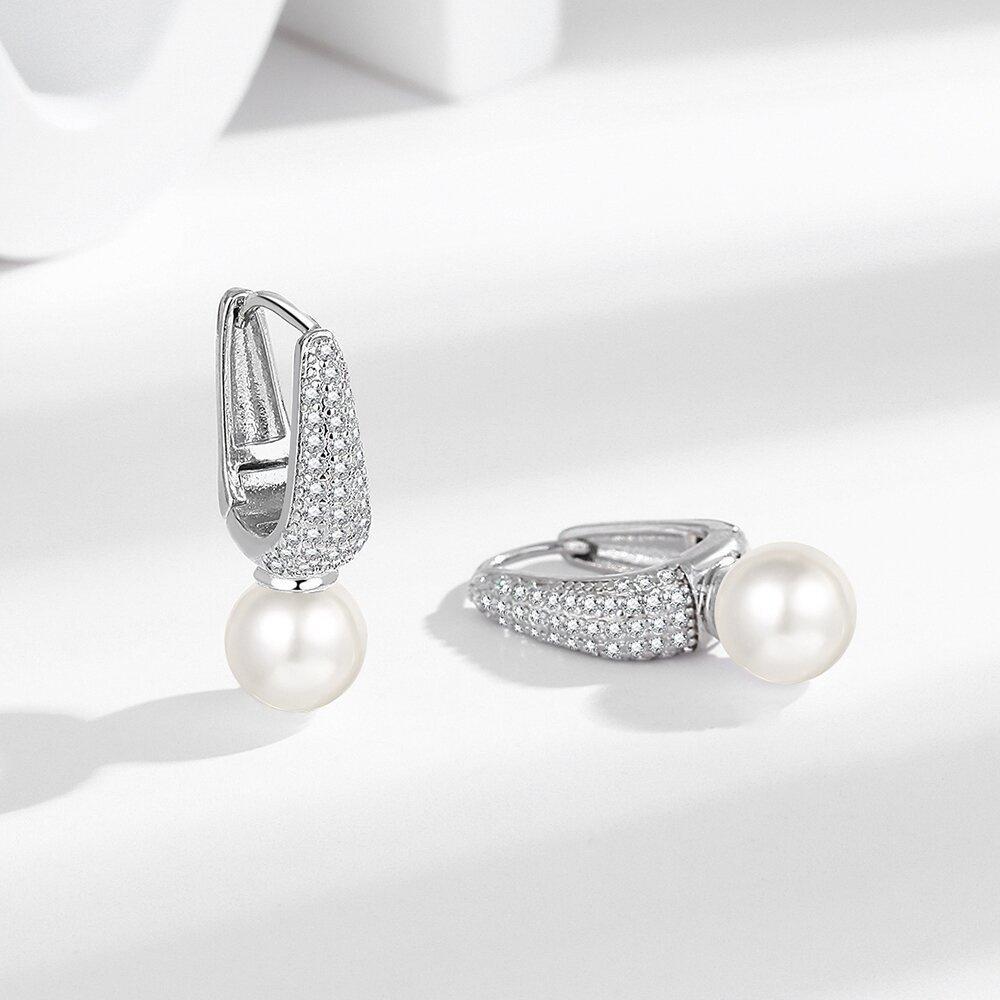 Charm Female White Pearl Zircon Stone Round Hoop Earrings Vintage Fashion Gold Silver Color Wedding  For Women