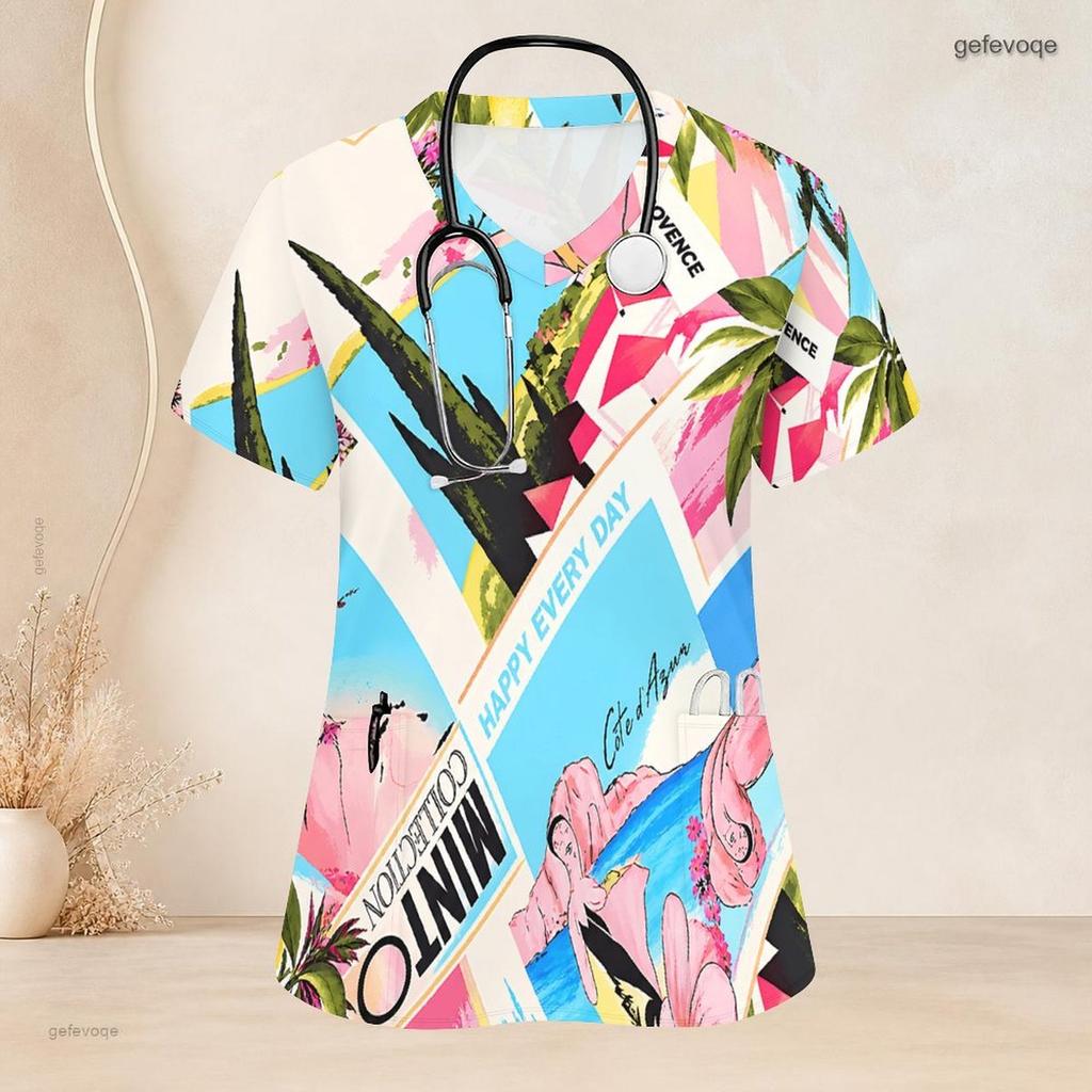 Women Plus Size Printed Nurse Scrub Top V Neck Short Sleeve With Front Pockets