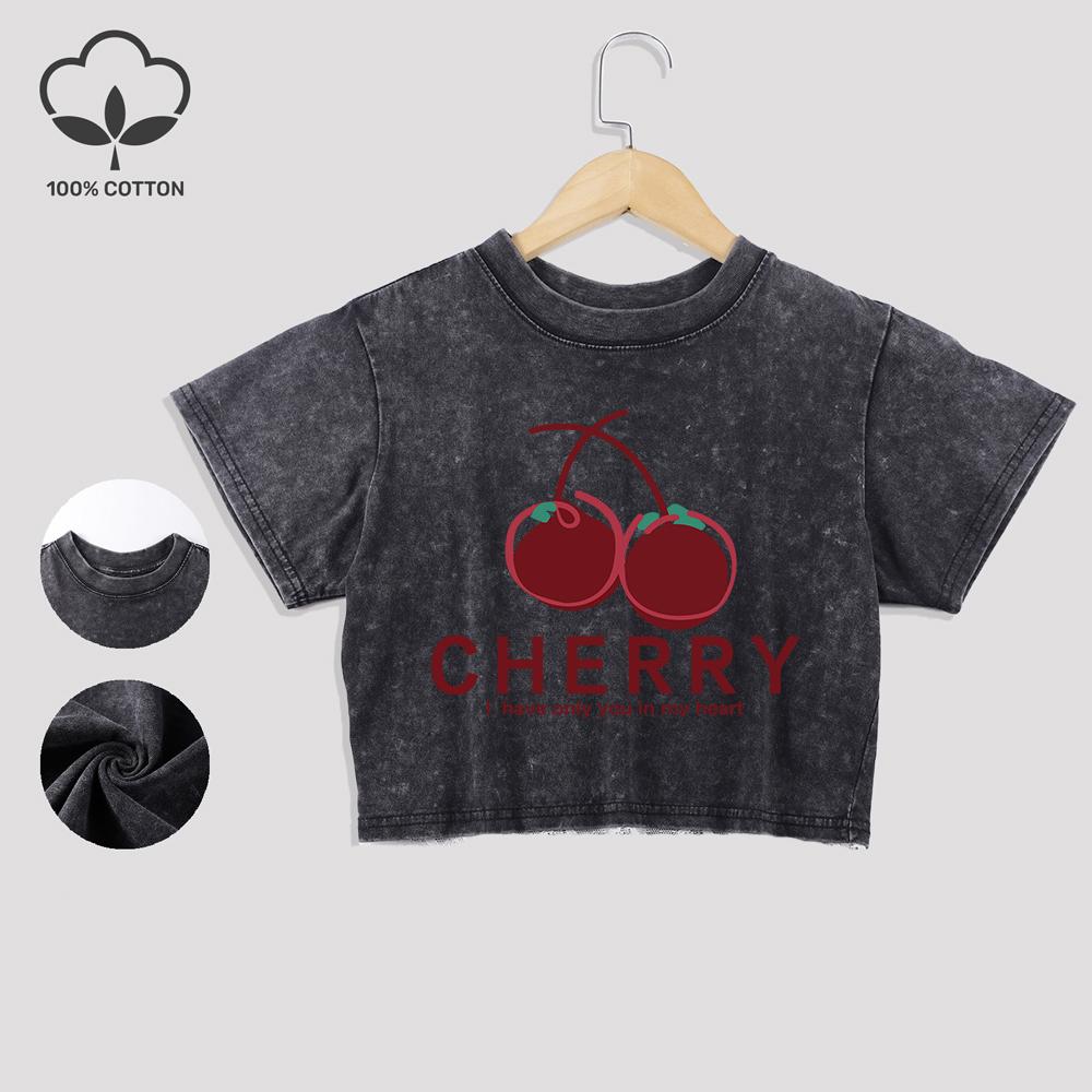 Cherry Illustration Cotton Crop Tees All-Math Summer Lace Hem Washed T-Shirts Regular Fit O-Neck Short Sleeve Casual Clothes