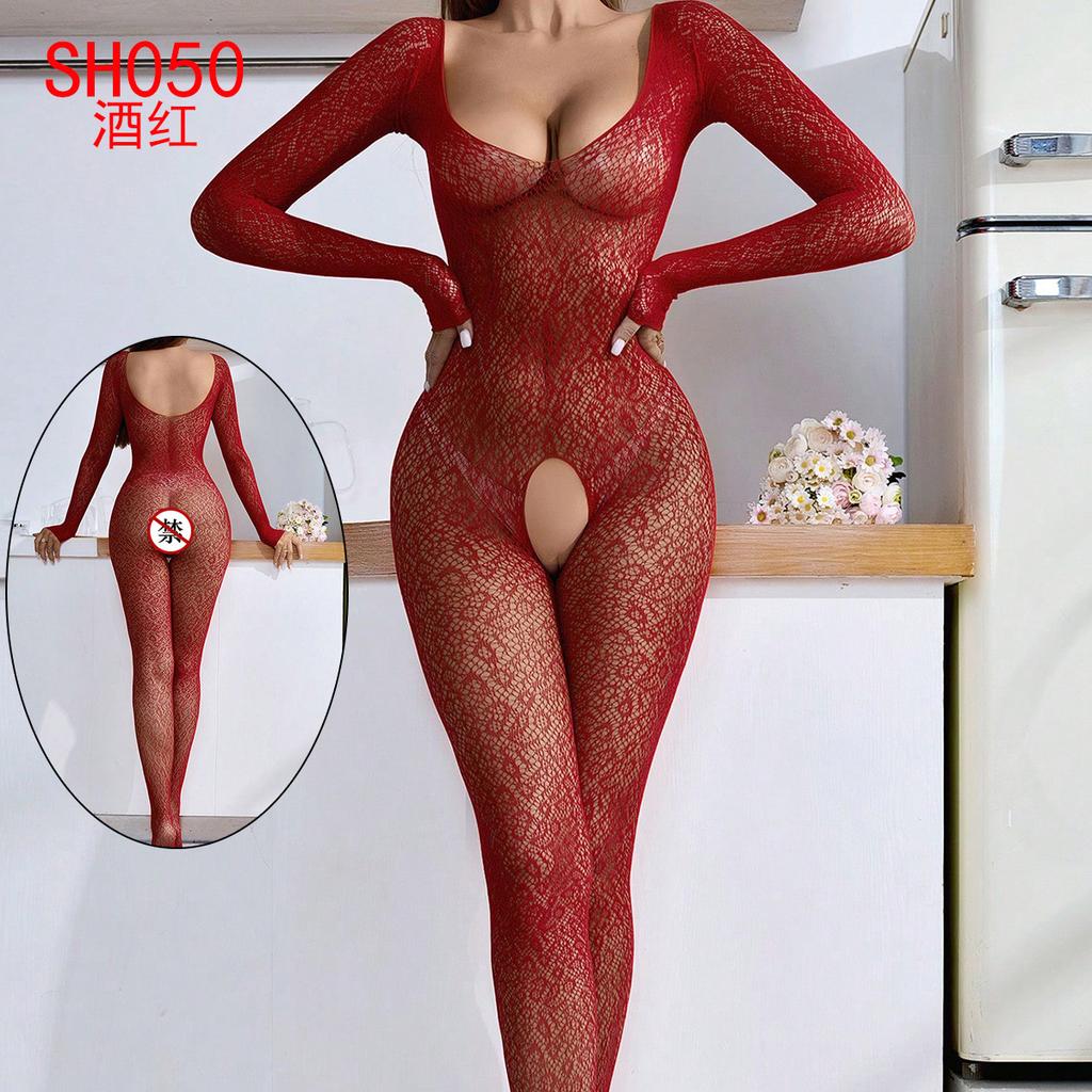 European and American erotic underwear tube top bikini onesie long-sleeved hollow net jacket fishing net onesie MY