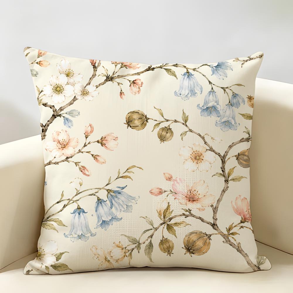 Soft Watercolor Flower Branches Cushion Cover Durable Hypoallergenic Organic Linen Short Pillow Cover Washable