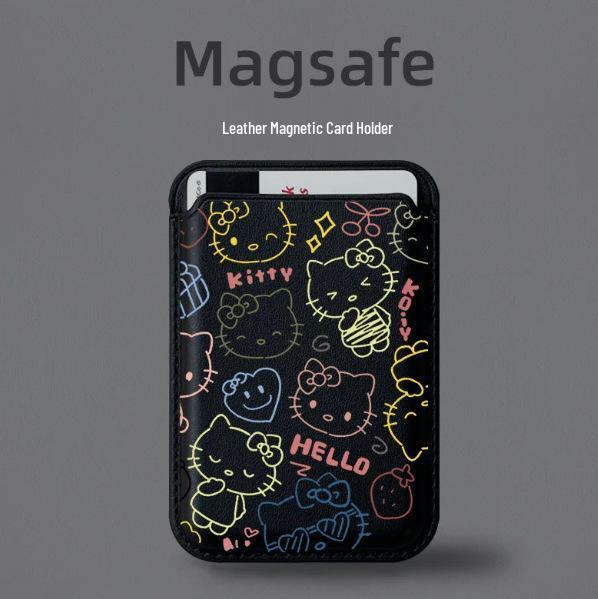Hello Kitty Lineart MAGsafe Leather Card Holder Case for Apple Phone