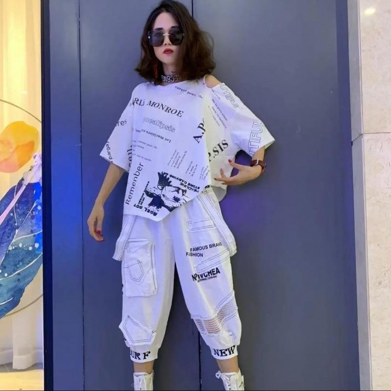 Women's Summer Irregular Looses Printed Letters Suit Short-sleeved + Seven Pant Two-piece Set