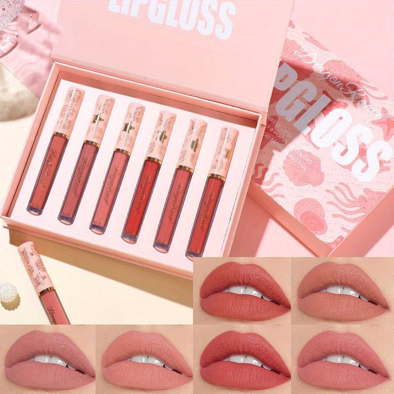 6 Stück/1 Box Lipgloss-Set, flüssiger Lip Rouge, mattierter Lippenstift, wasserfeste Lippenglasur, einfach zu färben