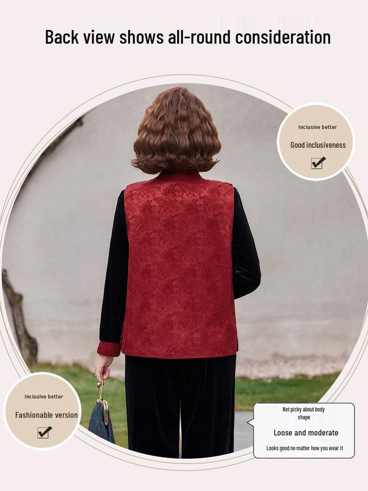 Chinese Style Gold Velvet Plus Size Set for Middle-Aged & Elderly Women - Spring & Autumn Vest for Mother-in-Law Wedding Banquet
