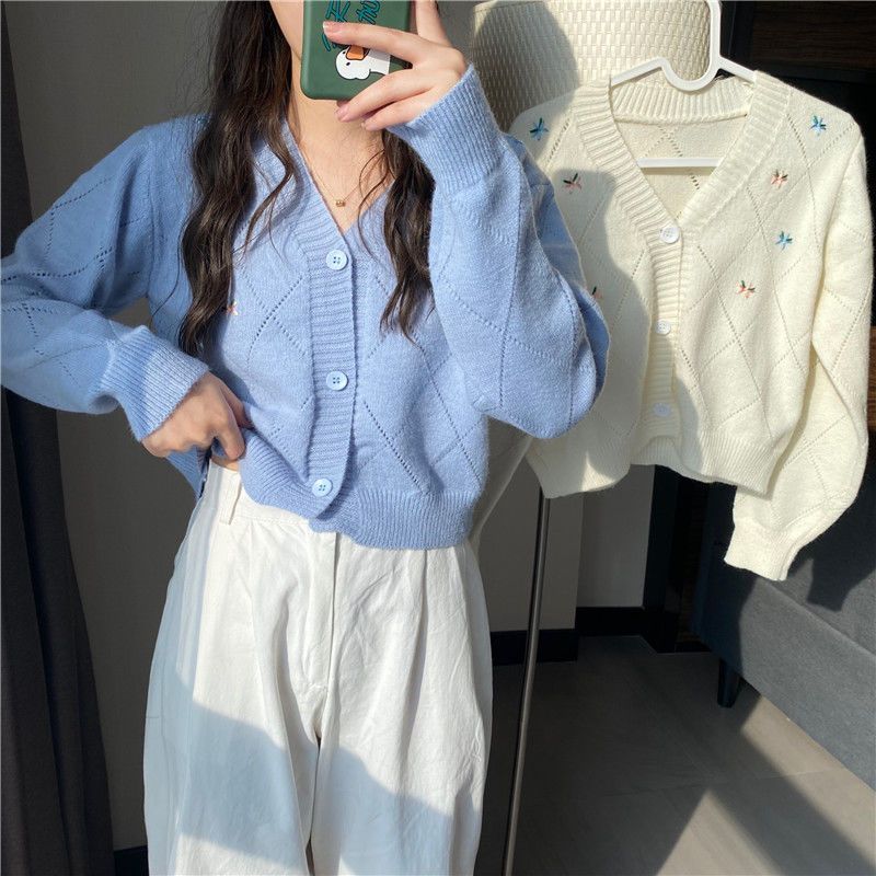 Short women's top spring thin hollowed-out cardigan gentle style loose V-neck knitted sweater summer