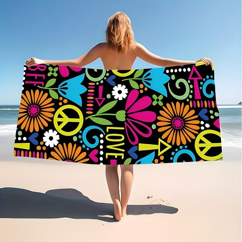 Bohemian Peace Sign Floral Print Beach Towel Quick Dry Absorbent Sandproof Lightweight for Travel Swimming Pool Hippie Style
