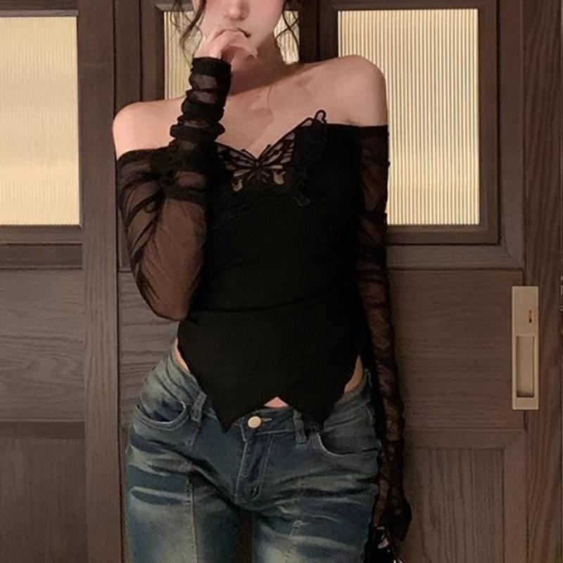 Korejská trička Deeptown v korejském stylu Dámské Estetické Motýlí Síťované topy Sexy Coquette Y2k Kpop trička s dlouhým rukávem