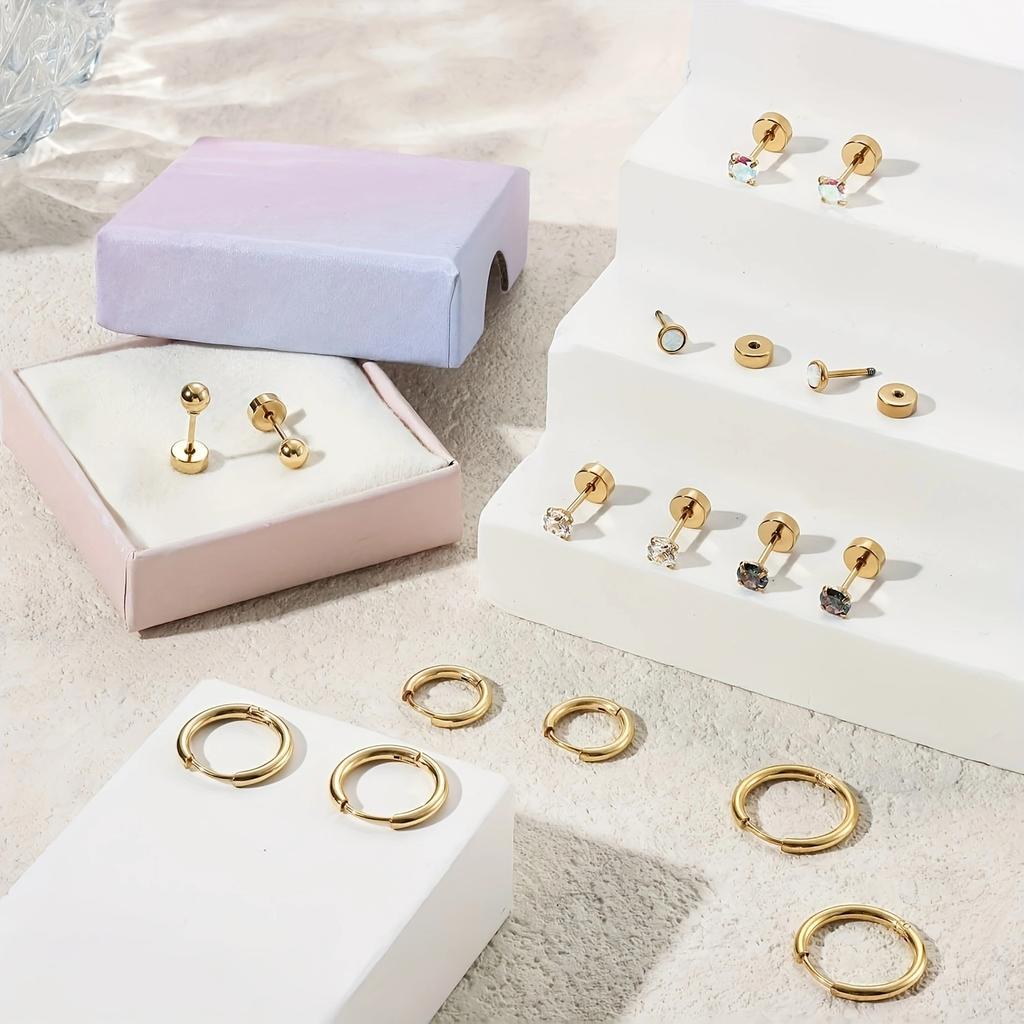 16 Stück Hypoallergenes Edelstahl Flachrücken Steckerohrringe Set Zirkonia Knorpel Schraubverschluss Stecker für Damen Herren