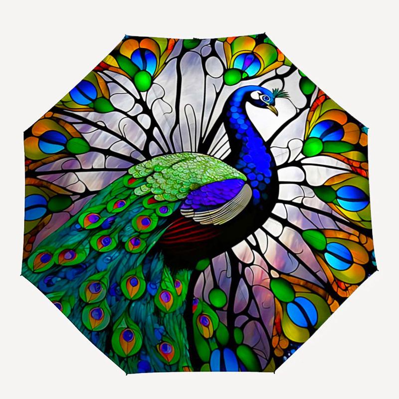 1pc Stained Glass Peacock Design Automatic Opening Folding Umbrella with 3-Fold Design, 8-Bone Iron Frame, Outdoor, Festive Gift for Fans, Travelers,