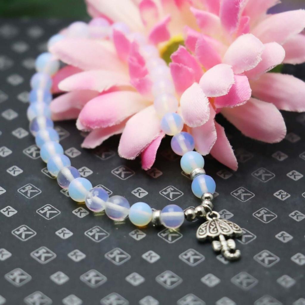 6mm Classic Round Moonstone Opal Beads Natural Stone Bracelet Hand Chain Women Girls Umbrella Pendant Tibet Silvercolor Jewelry