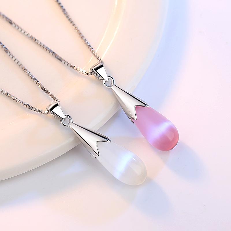 Elegant Moonstone Cat's Eye Teardrop Pendant: Korean Style Silver-Plated Crystal Necklace for Women
