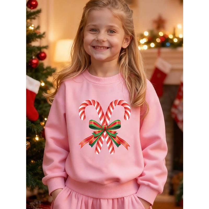 European sizes Kids' Round Neck Sweatshirt, Active Sweatshirt, Trendy Christmas Candy Cane Themed Sweatshirt, Holiday Gift, Cartoon Fashion Print