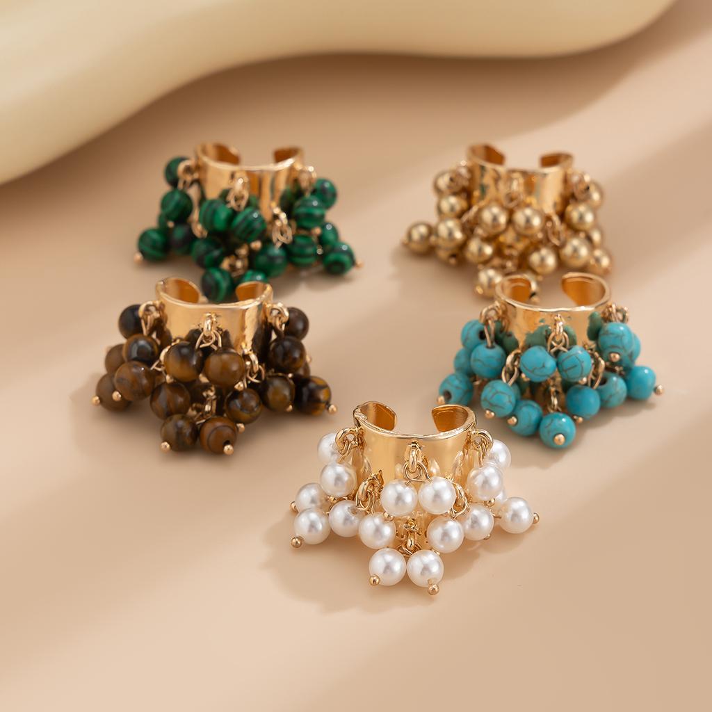KunJoe Anneau Ouvert en Perles de Pierre Naturelle Colorées Bohémiennes pour Femmes Bague Large Épaisse à Imitation de Perle Accessoires Y2K