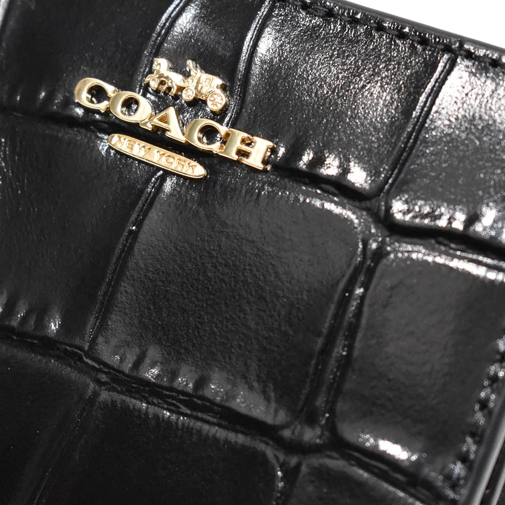 Coach Crocodile Print Leather Snap C6092 Bifold Mini Outlet Women's Wallet, Black, IMBLK, Wallet,