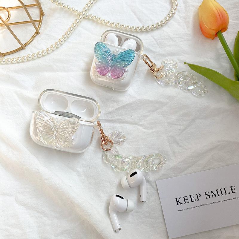 Colorful Butterfly Airpods1/2 Earphone Cover Creative Shell Chain Airpodspro Protective Case Transparent Pearl