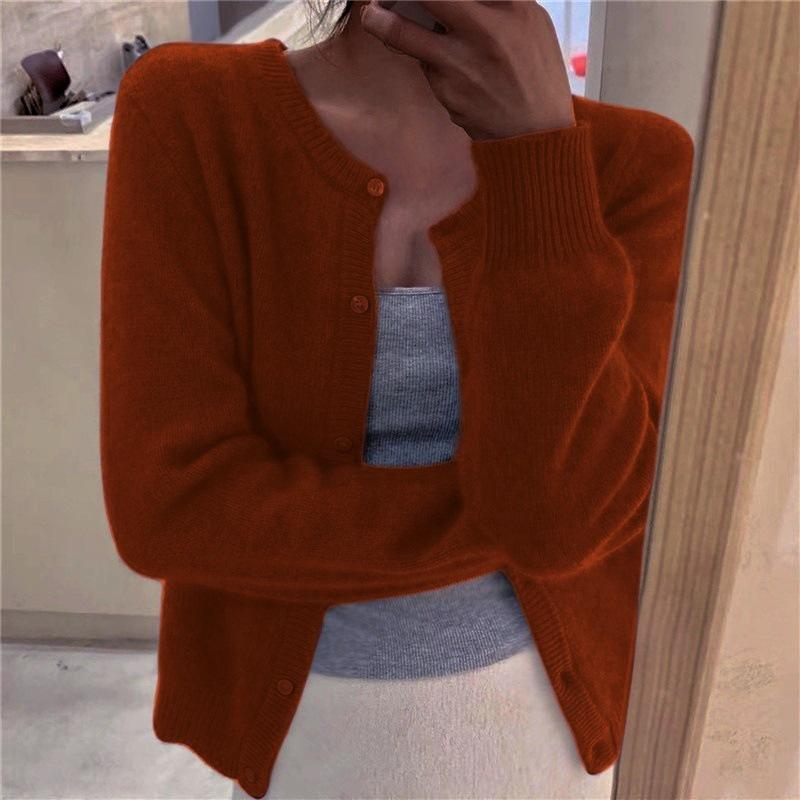 Women's Solid Color Long-Sleeve Round Neck Knit Cardigan