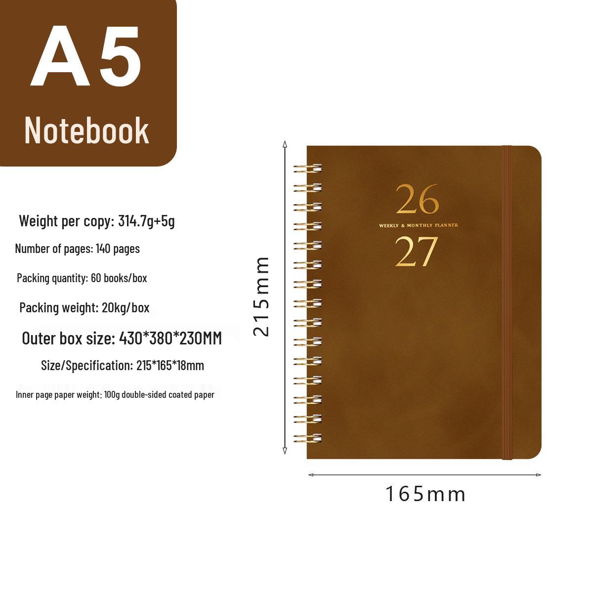 2027 A5 Leather-Cover Spiral Notebook: Cross-Border Planning & Schedule Diary
