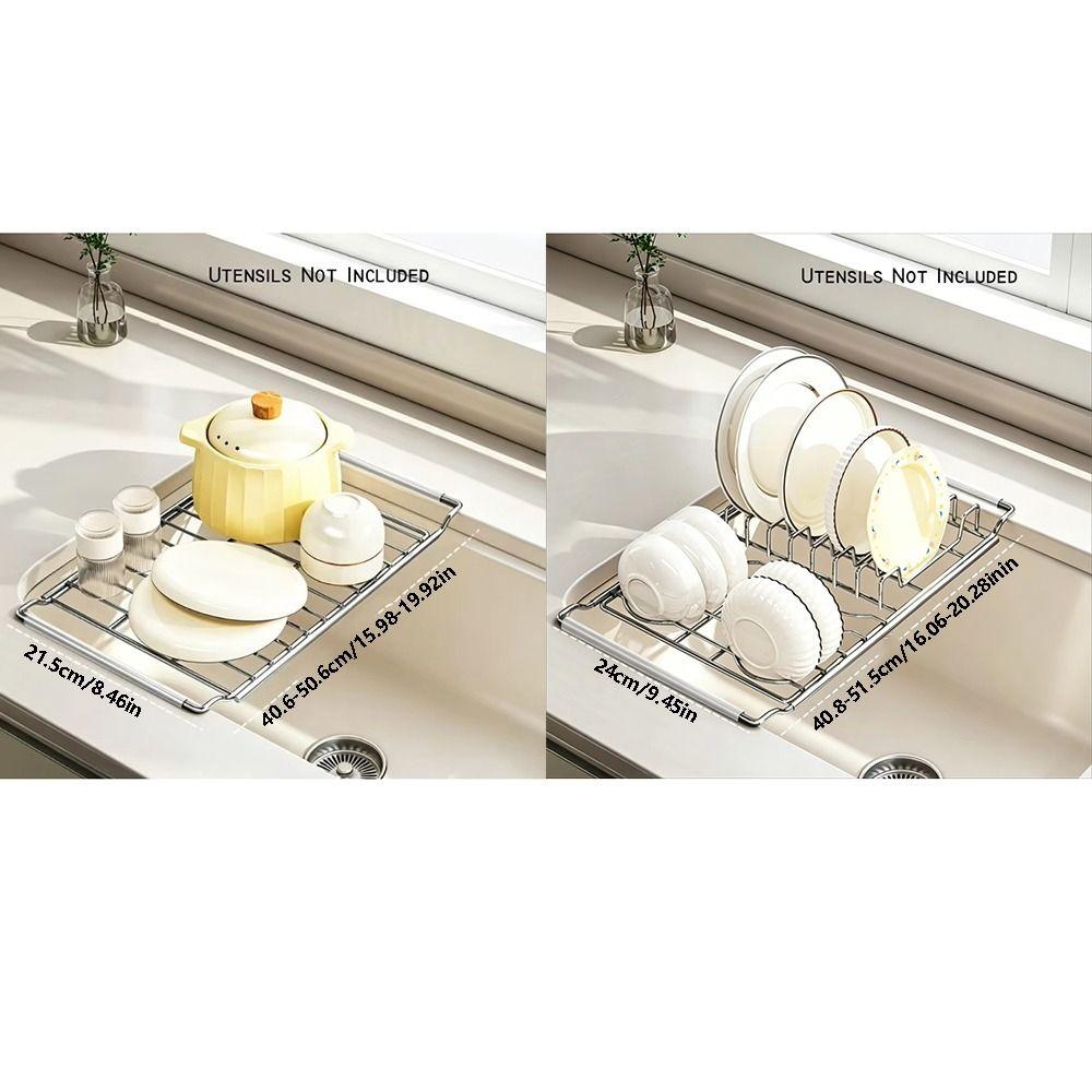 Stainless Steel Expandable Dish Rack Non-slip Adjustable Bowl Drain Shelf Multifunctional Rectangular Retractable Drain Basket