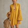 Women's Vintage Boho Green Lace Patchwork V-Neck Bell Sleeve Loose Fit Babydoll Dress