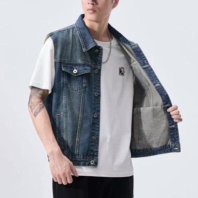 All-match Spring and Summer Men's Side-stitched Pockets Denim Slim-fit Ordinary Cotton Blue Single-breasted Casual Solid Color Vest