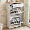 Modern Shoe Cabinet with Drawer, 2 Flaps, Adjustable Shelves and Metal Handles, White/Wood Look, for Hallway & Entryway, 50 x 24 x 95 cm