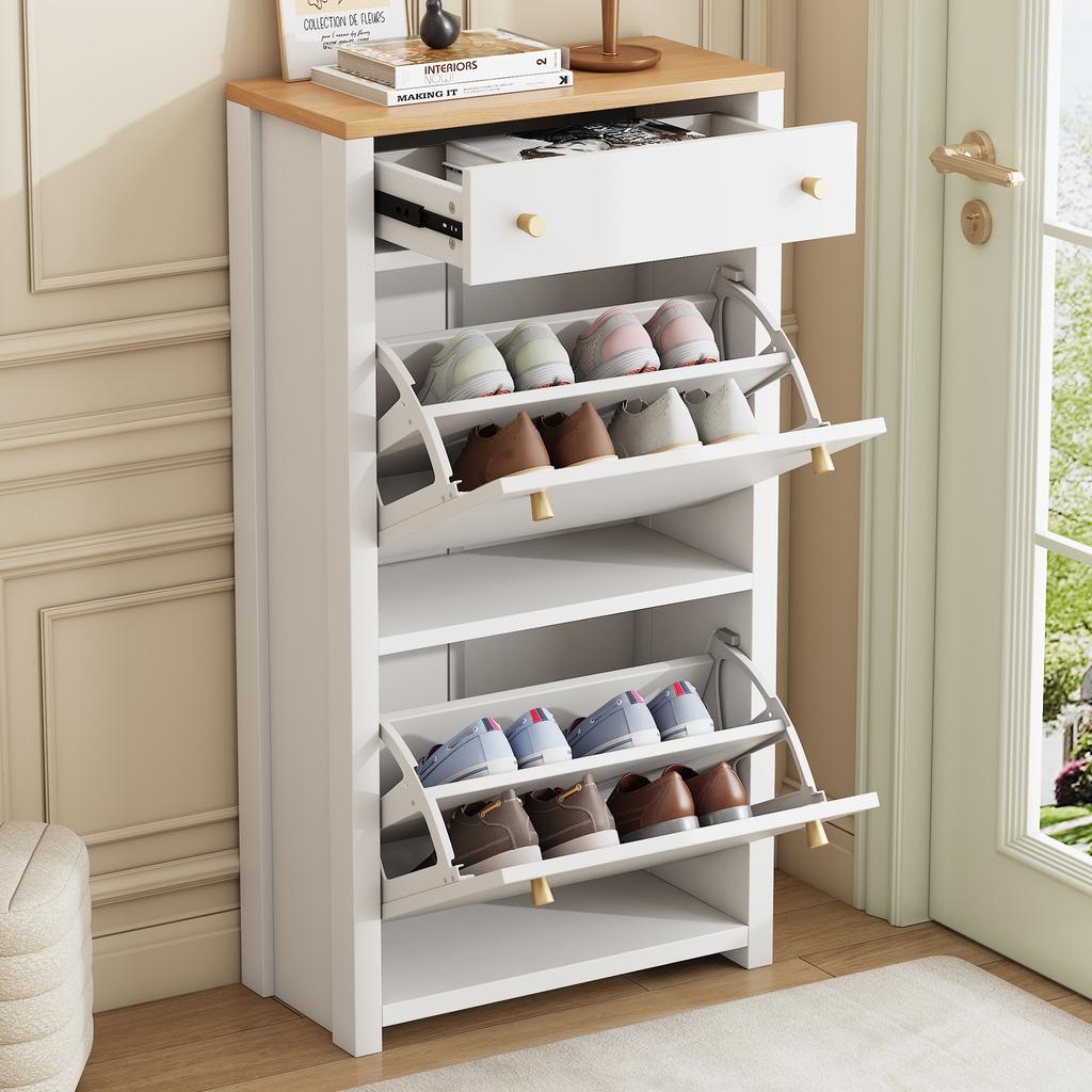 Modern Shoe Cabinet with Drawer, 2 Flaps, Adjustable Shelves and Metal Handles, White/Wood Look, for Hallway & Entryway, 50 x 24 x 95 cm
