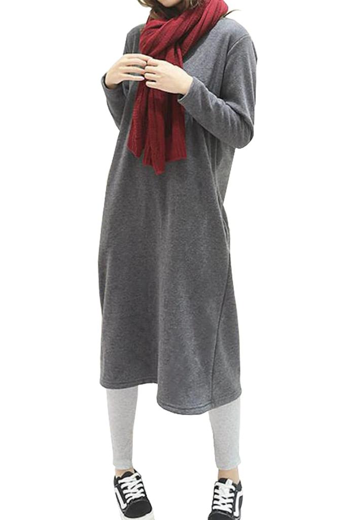 Ptika Warm Long Loungewear Solid Size Women's Fleece-Lined Dress, Color, Fall/Winter (Gray, U-Neck, L)