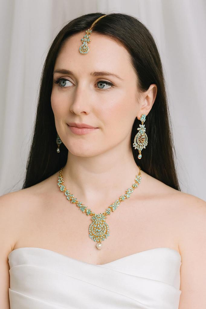Touchstone Indian Bollywood Gorgeous Intricate Craftsmanship Sparkling White Colorful Rhinestone Crystal Wedding Designer Jewelry Necklace Set Gold
