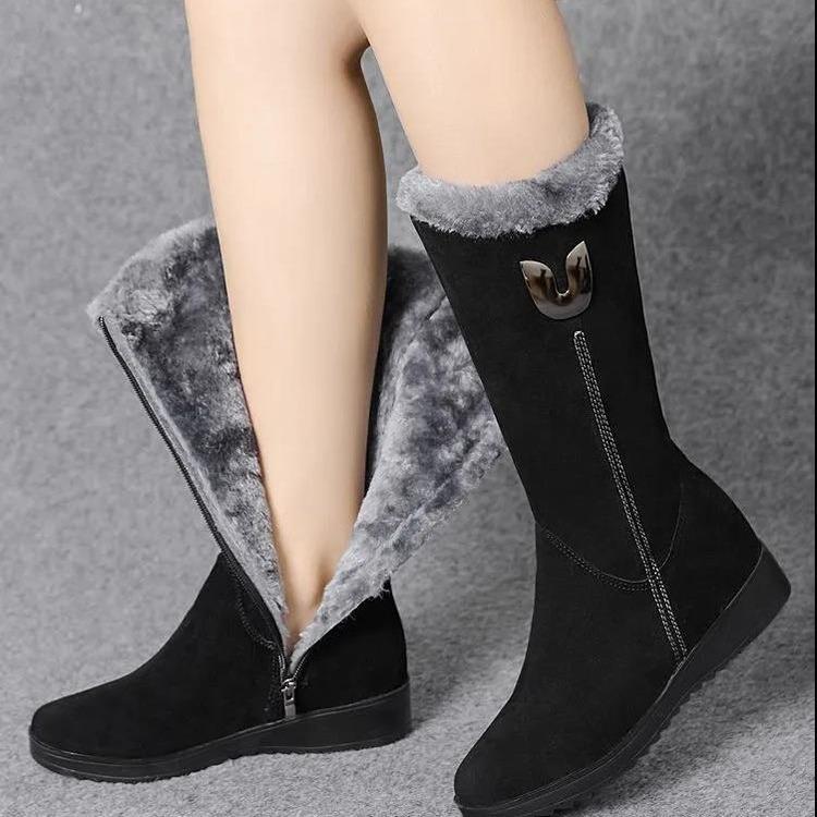 Bottes de neige mi-mollet d'hiver pour femmes, bottes hautes en daim synthétique doublées de fausse fourrure, antidérapantes, à bout rond, à talon épais et pelucheux