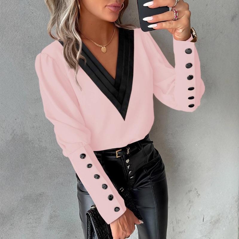 V-neck Long Sleeve Buttons Loose Women Blouse Spring Autumn Fashion Office Shirt Casual Color Patchwork Fashion Elegant Simple Streetwear Vintage Tops
