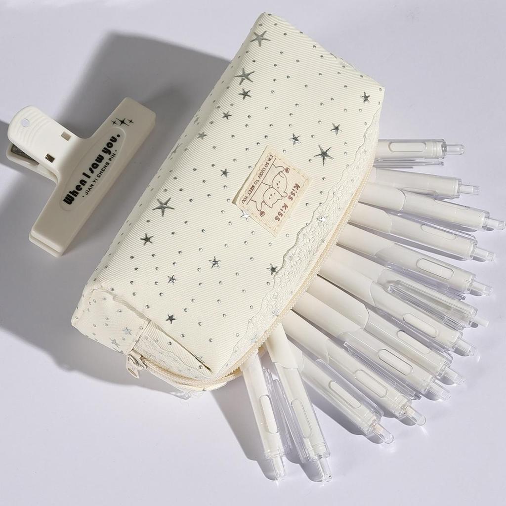 1pcs Lace Deco Lucky Star Cute Cat Pencil Case Simple Design Stationery Bag Pen Storage Pouch for Office & School Supplies