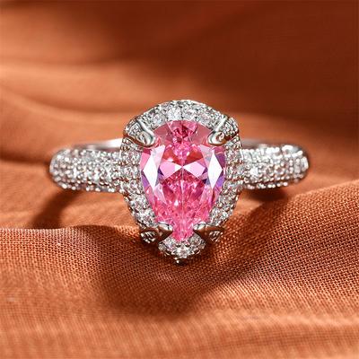 Size 6/7 Female Crystal Pink Zircon Stone Water Drop Engagement Ring Vintage Silver Color Wedding For Women