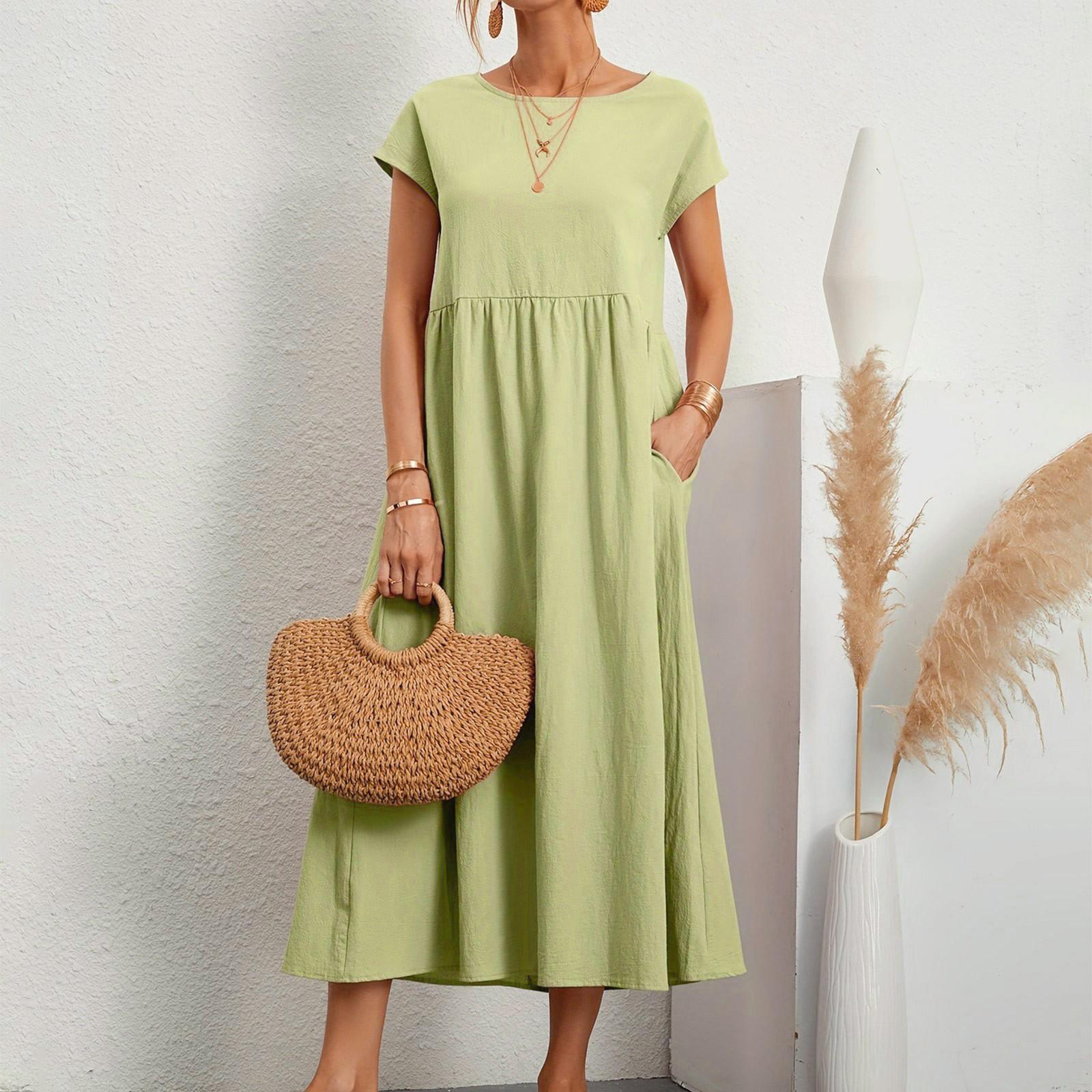 

Платье с круглым вырезом для женщин, повседневные удобные хлопковые льняные туники с короткими рукавами, пляжные платья с карманами XL зелёный