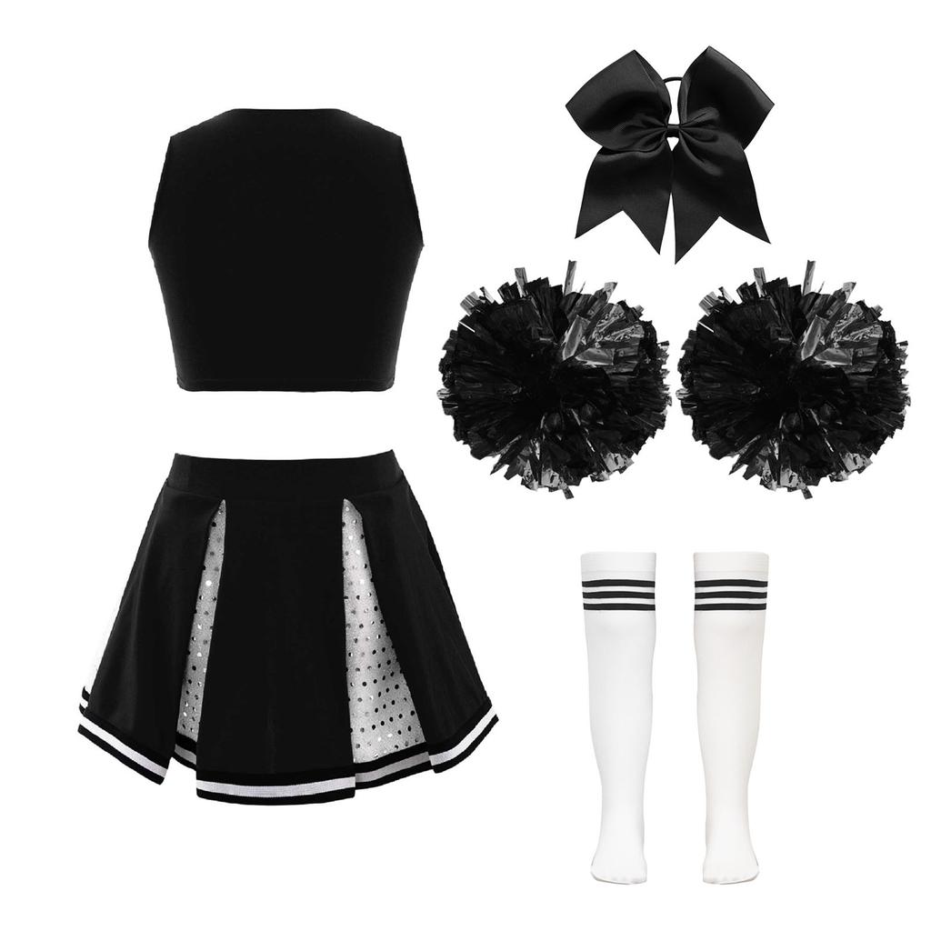 Set Cheerleader Scintillante per Bambine Top Corto a V a Righe Incrociate Gonna Pieghettata e Fiocco