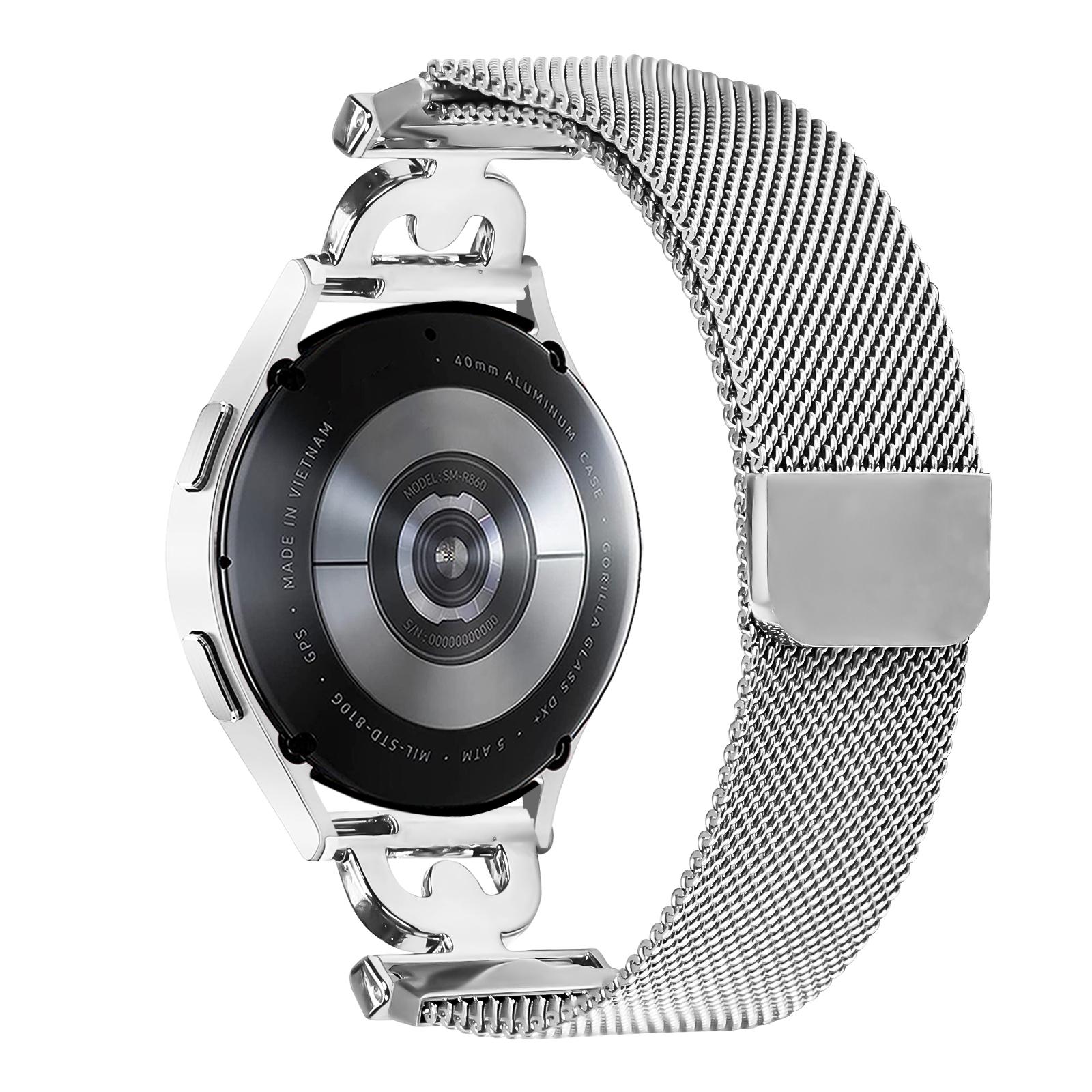 

Watch Band For Samsung Galaxy Watch3 41mm/Watch Active2 40mm 44mm Silver Milanese Stainless Steel Strap D-Shape Rhinestones Decor