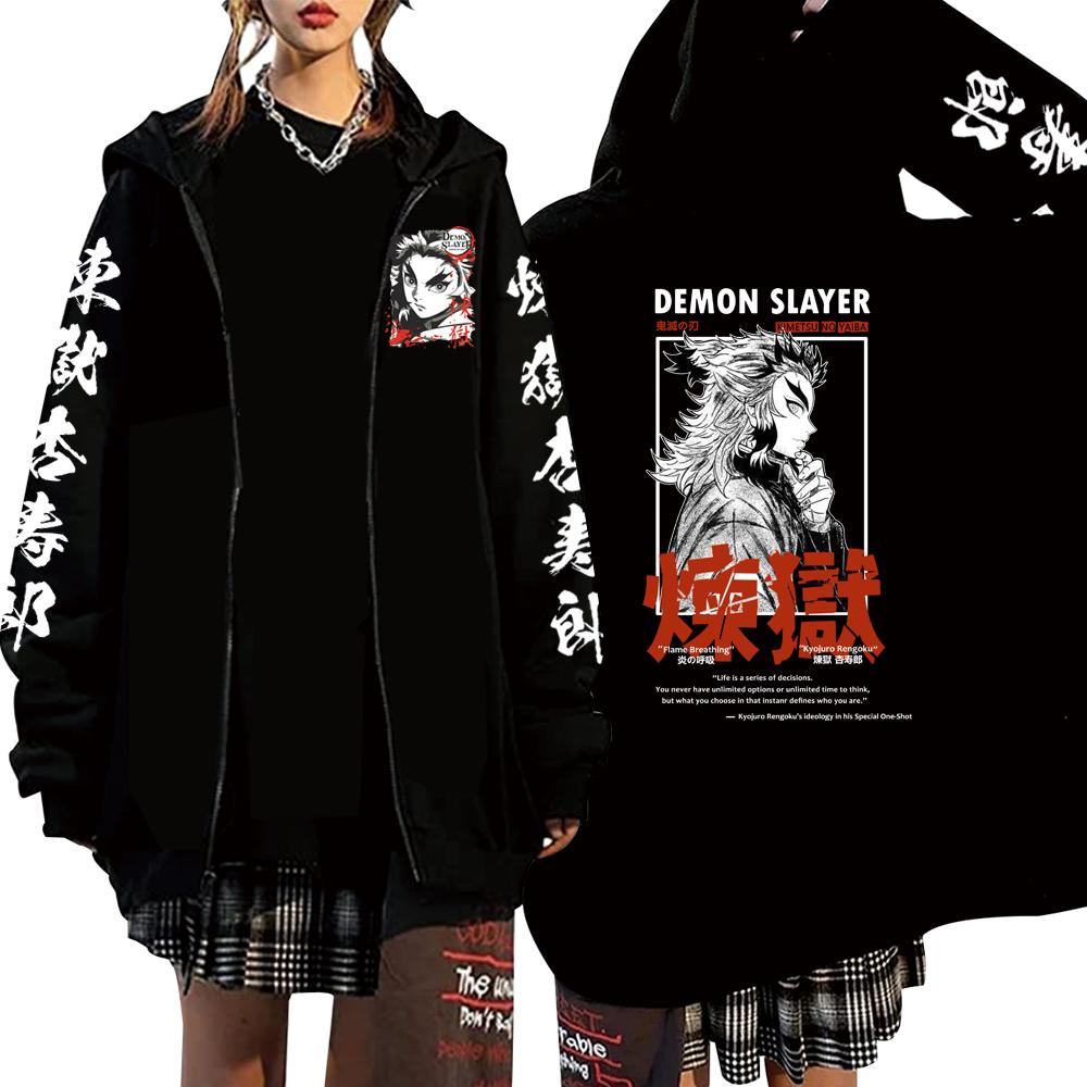 Anime Demon Slayer Kyojuro Rengoku Kapuzenpullover mit Reißverschluss Lässiger Kapuzenpullover mit Reißverschluss Sweatshirt Unisex