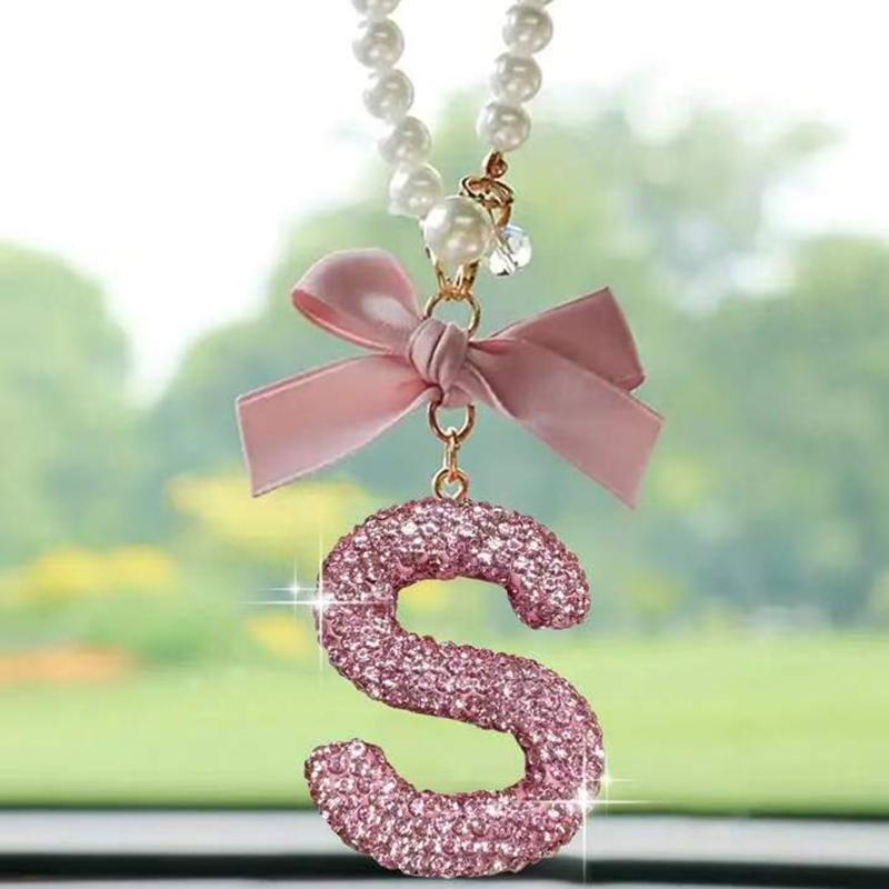 Creative Diamond Fashionable Bow Letter Car Pendant Car Rearview Mirror Decoration Exquisite English Pendant Decoration