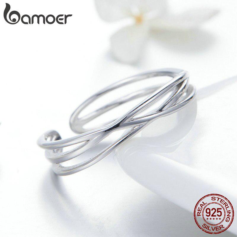 Bamoer Authentic 925 Sterling Silver Geometric Twisted Wave Open Size Finger Rings