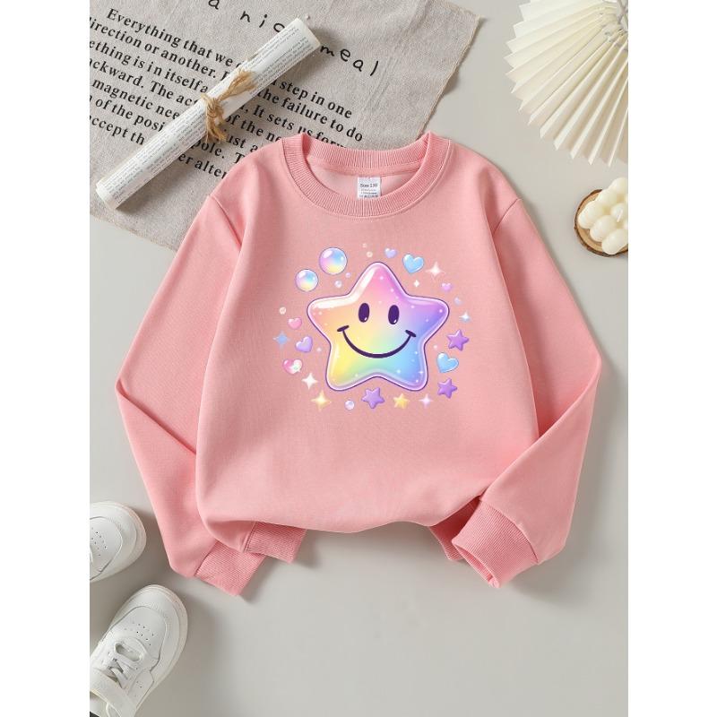 European Sizes Girls' Long-Sleeve Round Neck Sweatshirt "Rainbow Joyful Star" Print, Spring/Autumn, Casual, Daily & Sports.