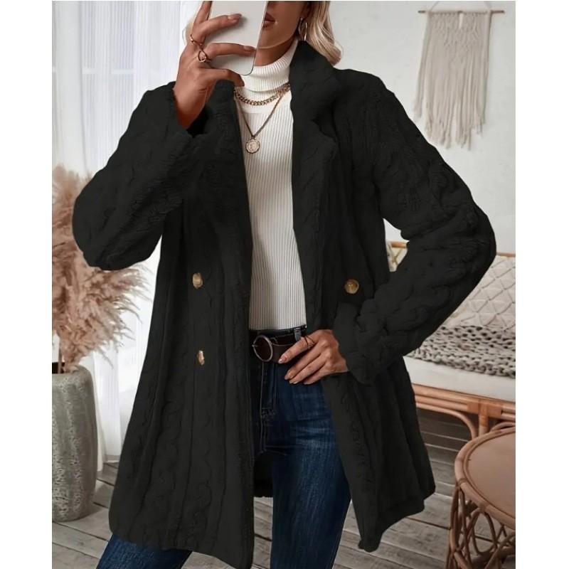 Double Breasted Lapel Teddy Bear Coat, Hundred Long Sleeve Textured Warm Winter Coat, Women's Clothing
