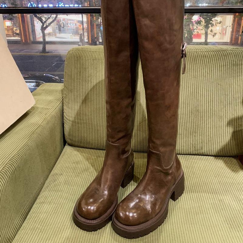 

New horse skin round head thin versatile thick sole thick heel knee boots women s autumn and winter 40